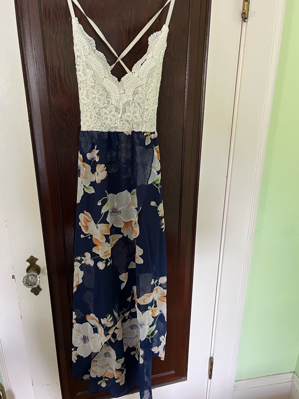 Lace Bodice Floral Maxi Dress - Navy with flowers & white lace